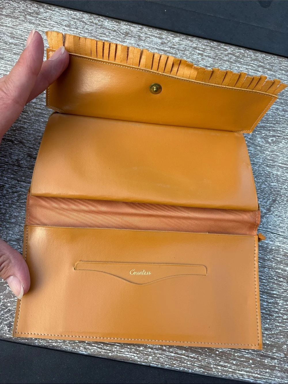 Vintage Suede Fringe Clutch Wallet in Cognac Brown